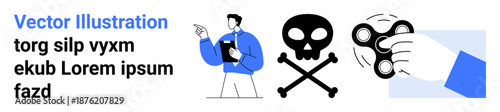 Decision making, risk evaluation, safety awareness, playful actions, visual storytelling, education topics. Person pointing, skull and crossbones hand holding spinner. Decision making and risk