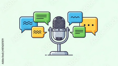 Retro microphone with speech bubbles flat vector illustration representing podcasting communication and broadcasting isolated on light green background