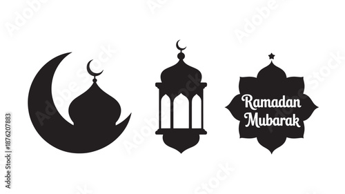 Ramadan Mubarak symbols in minimalist black silhouette with crescent moon and lantern for greeting card design