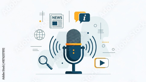 Microphone broadcasting news and information vector illustration with icons for podcasting media and communication concepts flat design on white background