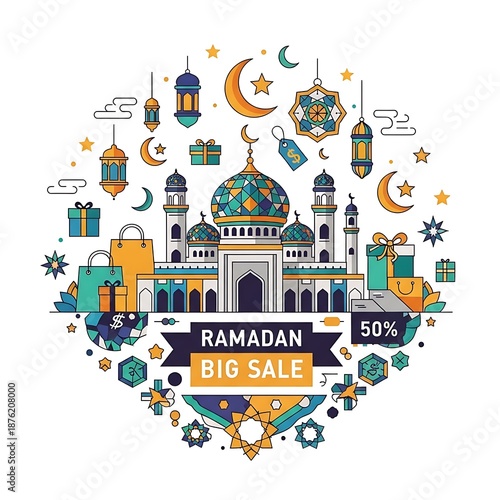 Ramadan Big Sale Illustration with Mosque and Shopping Elements
