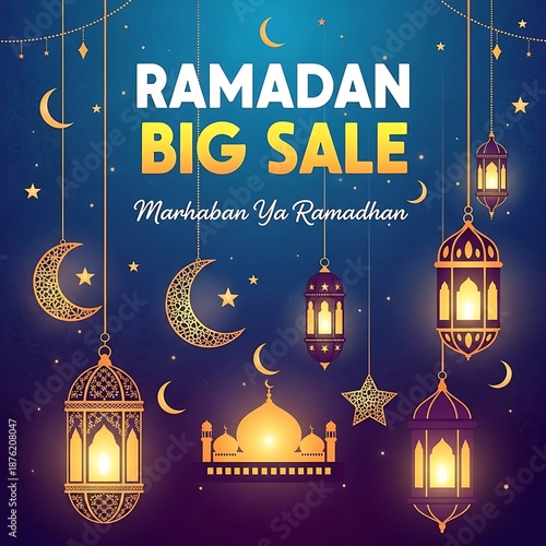 Ramadan big sale promotion with lanterns and crescent moons