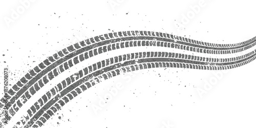 Dynamic grunged tire tracks curving across a pristine white background