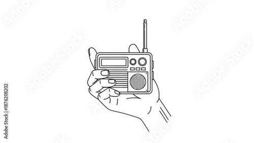 Hand holding a vintage portable radio line art illustration of a classic transistor device for audio broadcasting and communication isolated on white