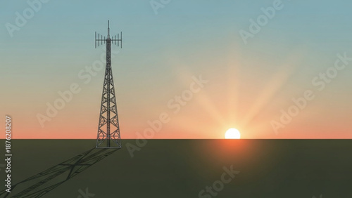 Communication tower silhouetted against a vibrant sunset broadcasting signal across a vast landscape representing technology and connectivity