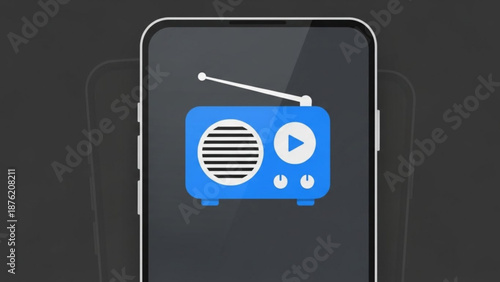 Blue retro radio icon with play button flat vector illustration for music app interface and audio streaming concept isolated on dark background