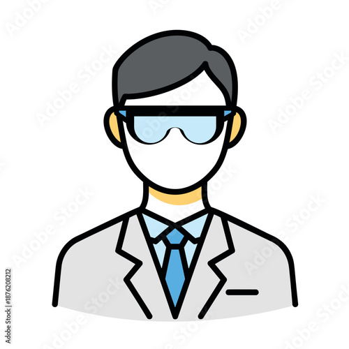 Minimalist vector graphic of a male expert wearing safety glasses and a scientific uniform, suitable for roles in healthcare, laboratory, or engineering professions