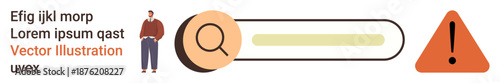 User interface, search optimization, error warning, web navigation, tech design, digital communication. Search bar with an exclamation icon and male figure. User interface and search optimization