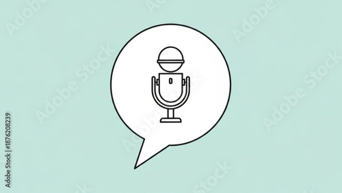 Outline microphone icon inside a speech bubble simple vector graphic for podcasting broadcasting or communication concepts isolated on light blue background