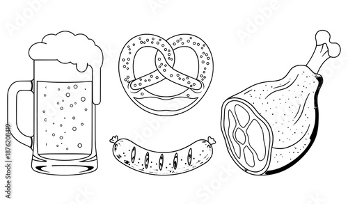 Oktoberfest food elements vector set beer pretzel sausage