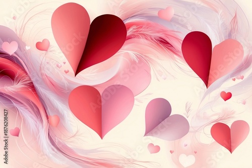 Wallpaper Mural Modern paper cut style hearts floating among decorative feathers and pink flowing curves Torontodigital.ca