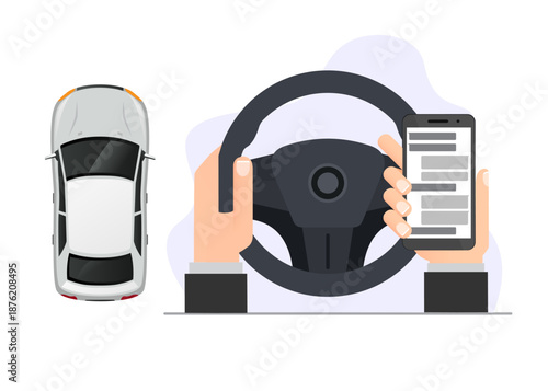Dangerous distracted driving texting while behind wheel Stock Illustration