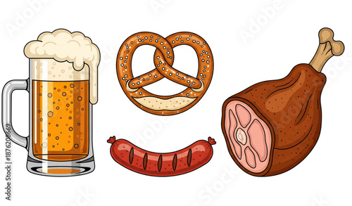 Oktoberfest food elements vector set beer pretzel sausage
