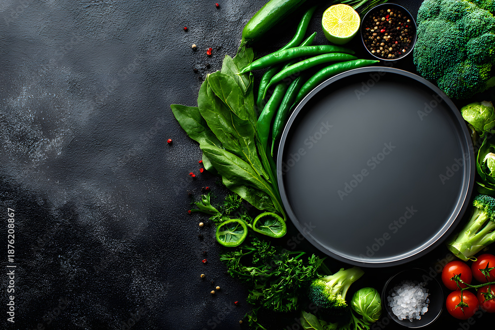 custom made wallpaper toronto digitalGesundes Gemüse Banner mit leerem Teller auf dunklem Hintergrund