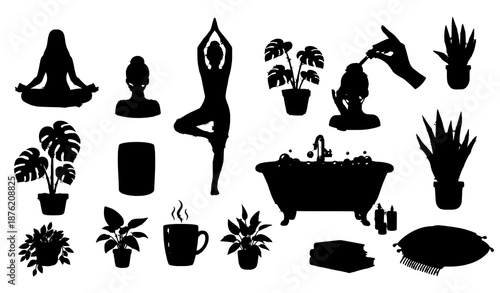 Self care wellness illustrations yoga skincare relaxation vector set