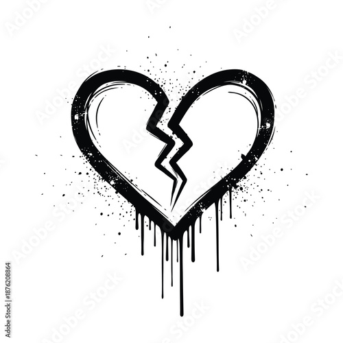 Illustration of black broken heart with splatters on symbol