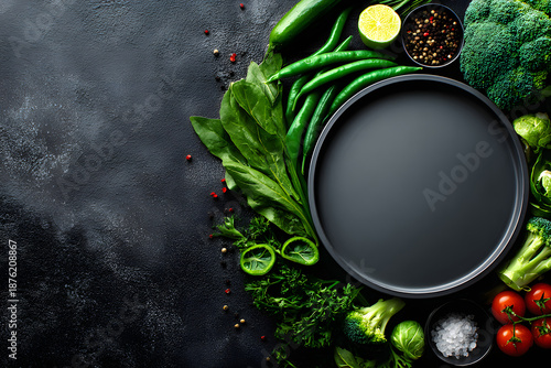 Wallpaper Mural Gesundes Gemüse Banner mit leerem Teller auf dunklem Hintergrund
 Torontodigital.ca