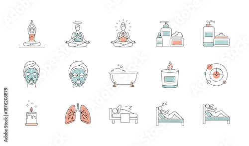 Minimal self care wellness icons yoga skincare relaxation vector