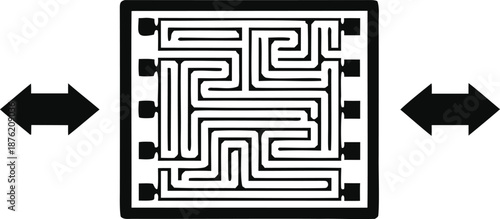 Intricate maze design with arrows on black background for problem solving concepts