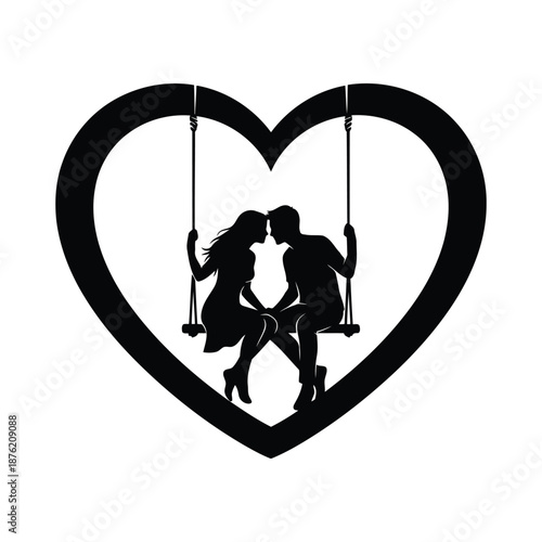 Illustration of black silhouette of couple kissing on swings in heart shape