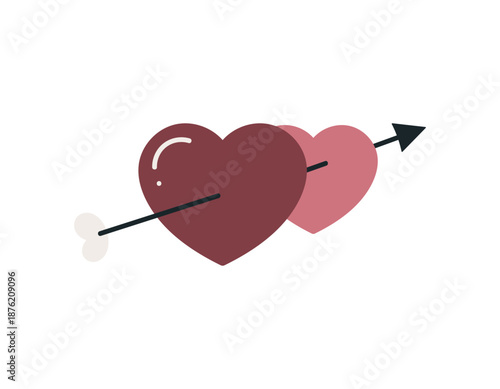 Two hearts with an arrow on white background. Symbol of love for Valentine's day, birthday, wedding. For scrapbooking, postcards, wrapping paper, fabrics, wallpaper. Cartoon flate style.	