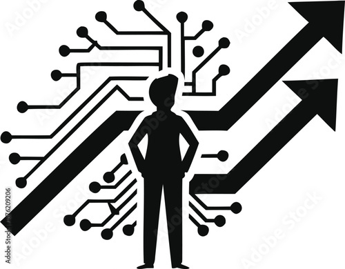 Confident businessman standing in front of growing circuit board with upward arrows