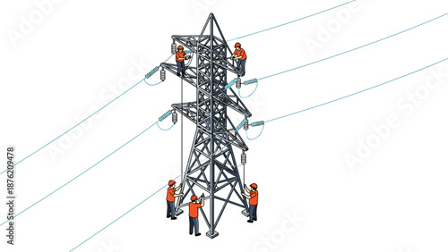 Electric power transmission tower illustration, utility workers repairing high voltage lines, energy infrastructure maintenance isometric design isolated vector