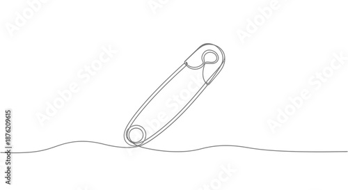 Minimalist single line drawing of a safety pin elegantly resting on a wavy line against a clean white background