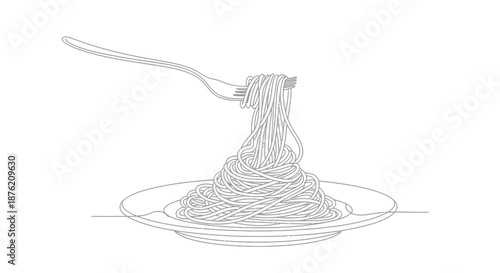 Artistic line drawing of a fork lifting a generous portion of spaghetti from a white plate on a clean white background