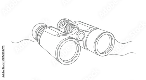 Detailed hand drawn sketch of vintage binoculars with a simple wavy line suggesting a horizon or water in a clean white background
