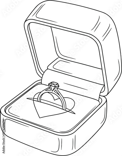 Simple black and white line art drawing of an open ring box showcasing a diamond engagement ring resting upon a subtle heart shape design.