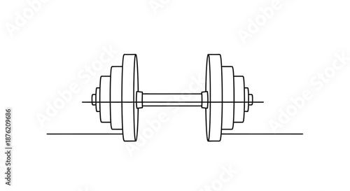 Minimalist line drawing of a single dumbbell with stacked weight plates on each end isolated on a white background