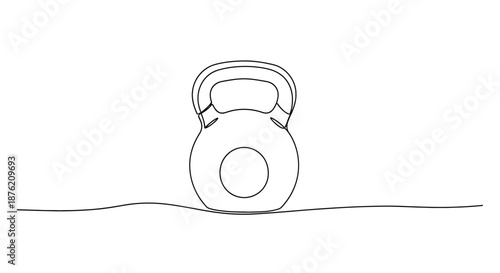 Minimalist single line drawing of a kettlebell standing on a wavy line representing the ground or a surface