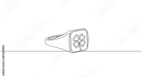 Minimalist line drawing of a single ornate signet ring with a detailed crest or emblem on its face isolated on a clean white background