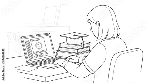 Student learning online with a laptop near a stack of textbooks and graduation cap symbolizes dedication to distant academic achievement