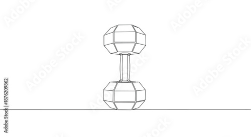 Minimalist line drawing of a dumbbell with geometric spherical weights on a white background representing fitness and strength training
