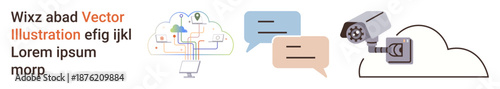 Cloud technology, online privacy, cybersecurity, data protection, communication systems, network monitoring. Speech bubbles near cloud and surveillance icons. Cloud technology and online privacy