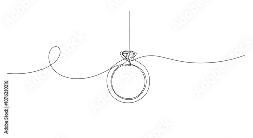 Elegant minimalist line art drawing of a diamond engagement ring with a flowing ribbon creating a sense of romance and celebration