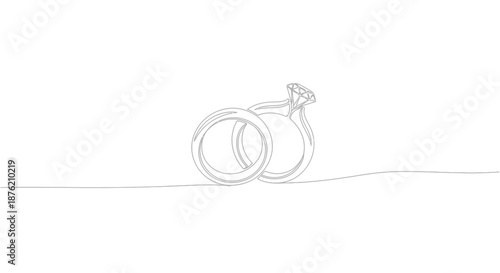 Elegant minimalist line art drawing of two intertwined wedding rings symbolizing love commitment and eternal union on a clean white background