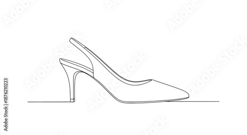 Elegant single line drawing of a classic slingback high heel shoe with a pointed toe and thin strap on white background