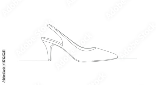 Elegant minimalist line art drawing of a classic slingback high heel shoe with a block heel and square toe on a white background