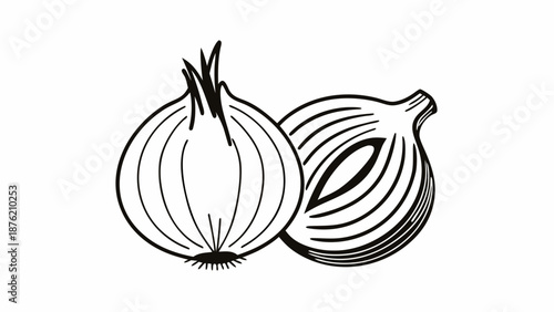 Illustration of whole and sliced onion, a kitchen ingredient, depicted in a simple black and white drawing from a straightforward viewpoint