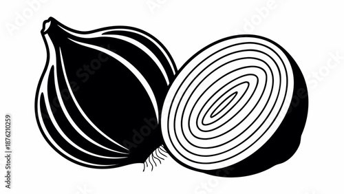 Detailed illustration of an onion and its sliced counterpart, showcasing layered rings and texture