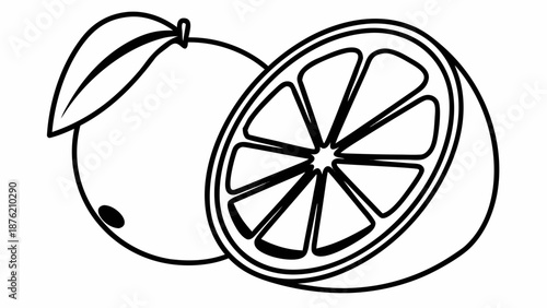 A simple line drawing of an orange with one slice cut away