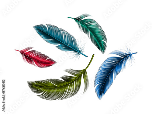 Realistic three dimensional bird feather collection illustration with detailed textures and natural forms for wildlife design education decoration and creative visual projects