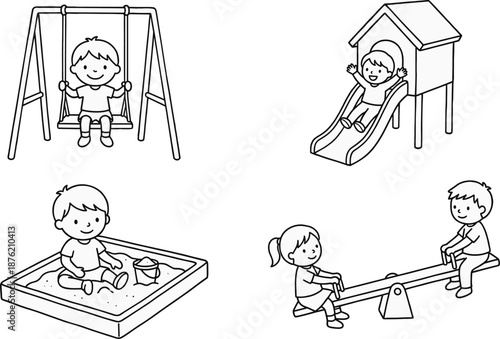 Kids playground activities illustration set, children playing swing slide sandbox seesaw, cute line art isolated on white background
