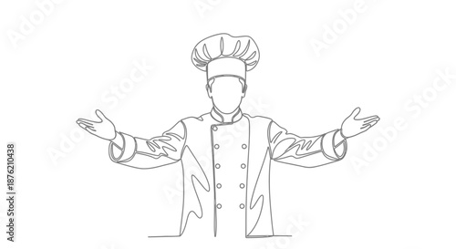 Sketch of a chef in uniform with a tall toque hat and open arms welcoming guests to a culinary experience