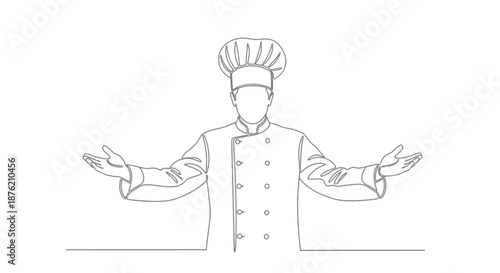 Hand drawn sketch of a chef in uniform with a tall toque hat gesturing welcomingly with open arms