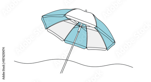 A simple hand drawn illustration of a blue and white striped beach umbrella standing on a sandy shore under a white background