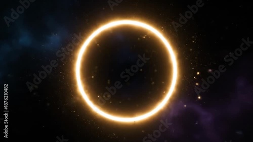 Close-up of a bright solar eclipse with a glowing ring of light against a starry dark background with purple and blue nebulae